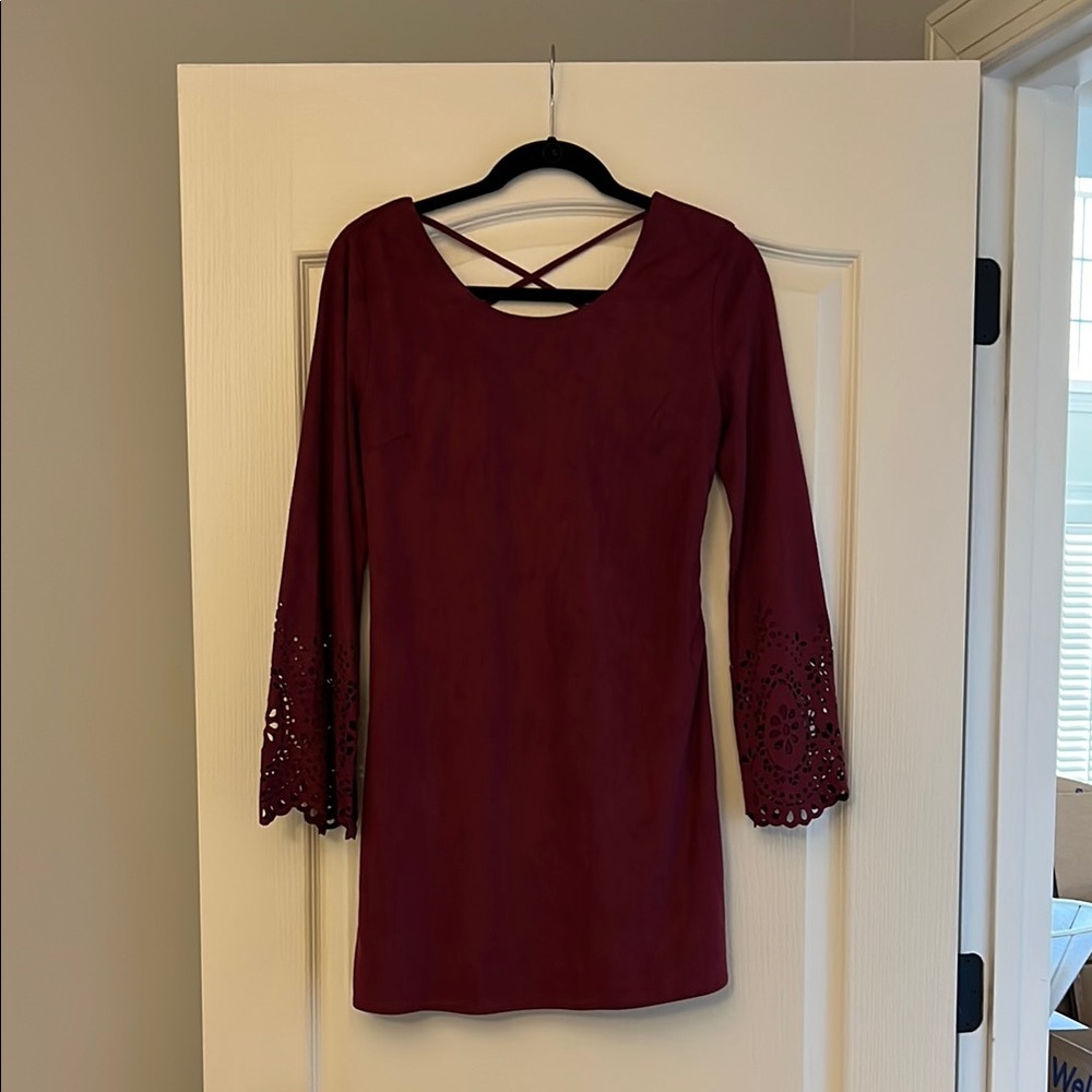 She + Sky Burgundy Faux Suede Dress with Bell Sleeves